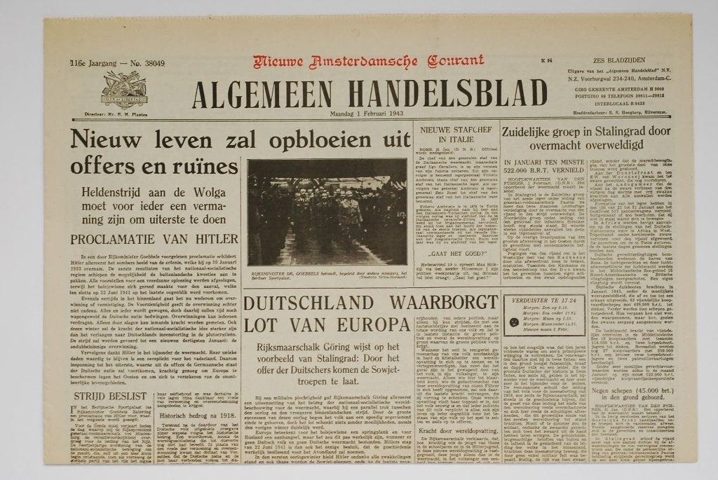 Algemeen Handelsblad 1943 herdruk krant Tweede Wereldoorlog, Verzamelen, Zo goed als nieuw, Verzenden, Amsterdam, Overige soorten