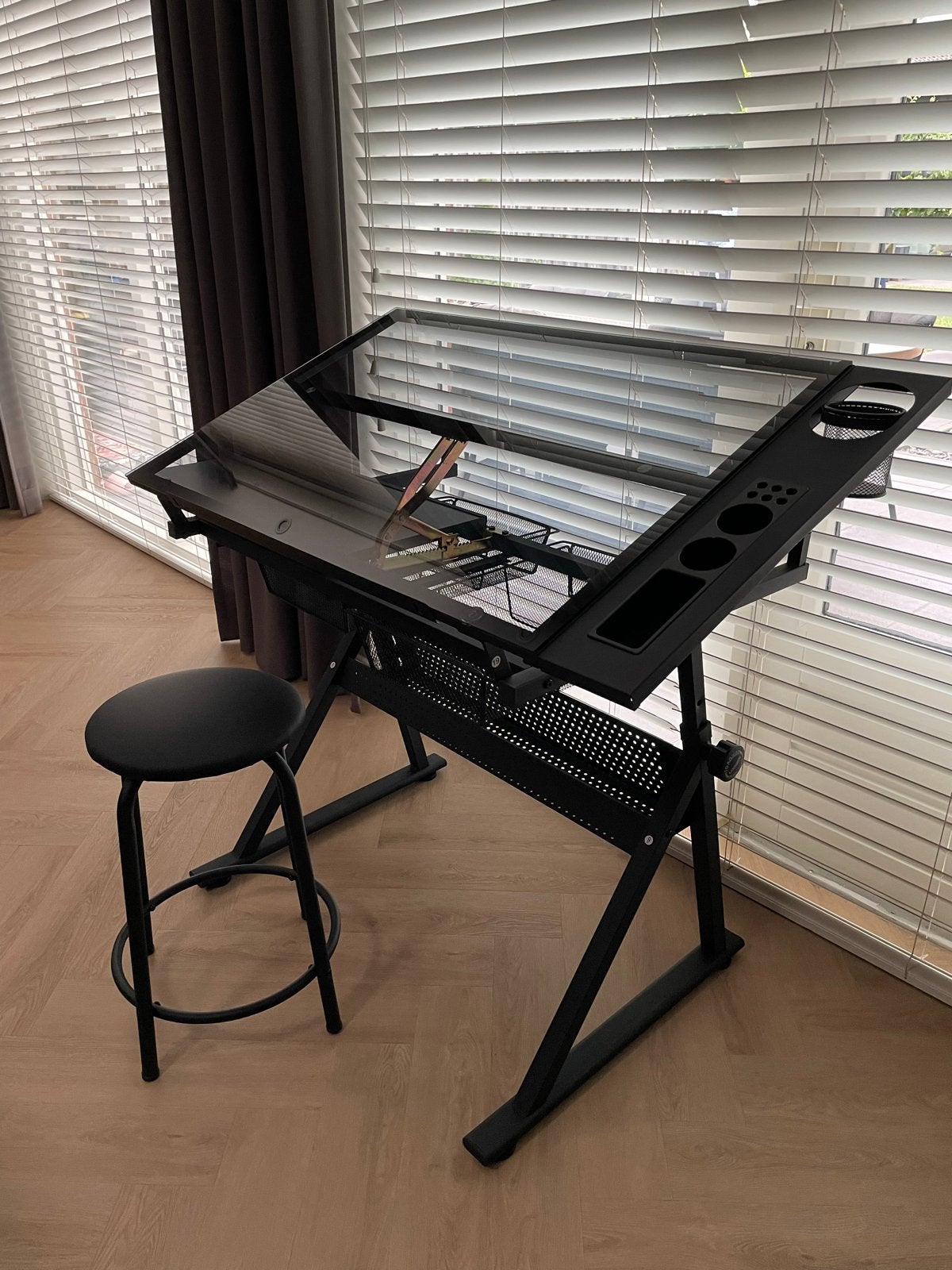 Tekentafel met kruk - Zwart glas en metaal, Ophalen, Nieuw, Minder dan 130 cm