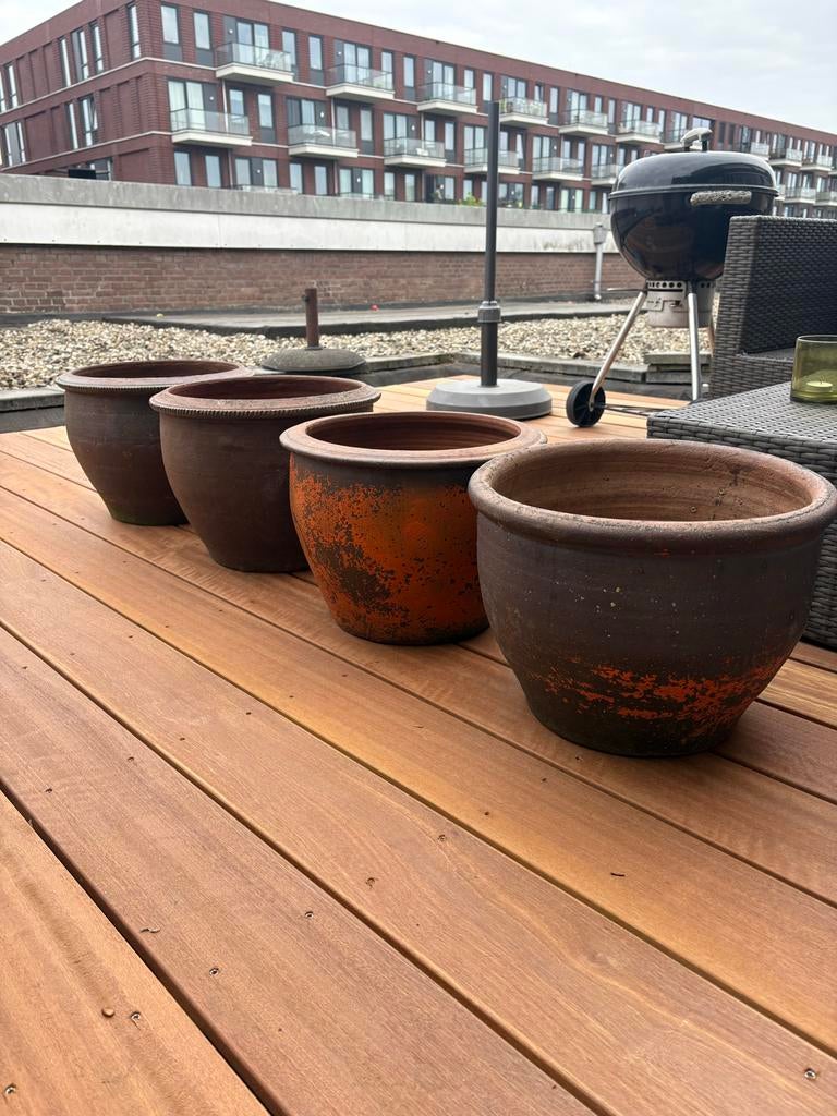 Set van 4 gebruikte terracotta bloempotten, Tuin en Terras, Ophalen, Steen, Gebruikt, Rond