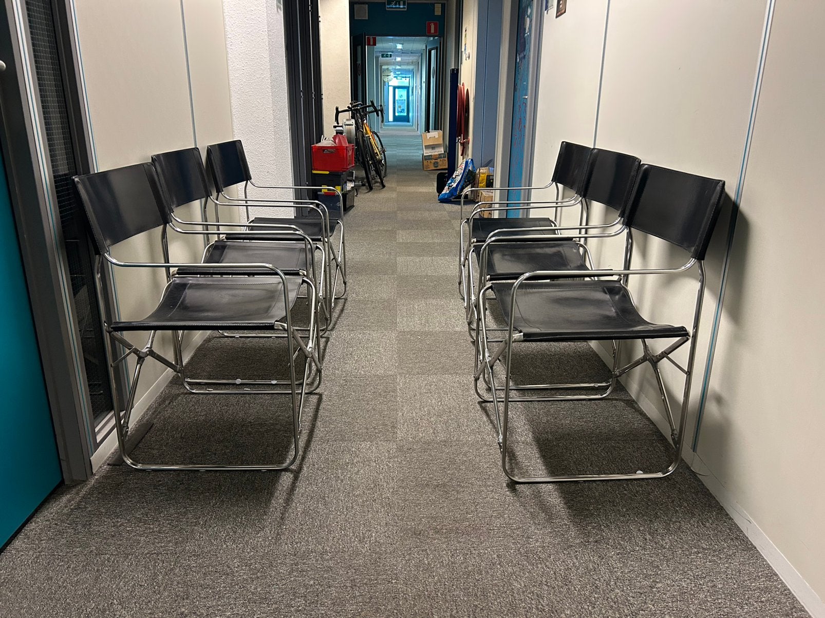 6x Vintage Zanotta April klapstoel leder Gae Aulenti, Zwart, Ophalen of Verzenden, Zo goed als nieuw, Vijf, Zes of meer stoelen