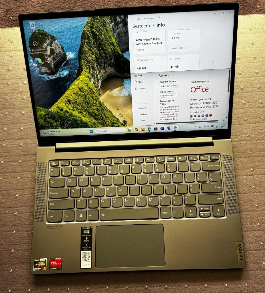 14” Lenovo Yoga slim 7,AMD Ryzen 7 4800U, 16 GB, 512 GB Nvme, Lenovo Yoga Slim 7, 2 tot 3 Ghz, Qwerty, 14 inch