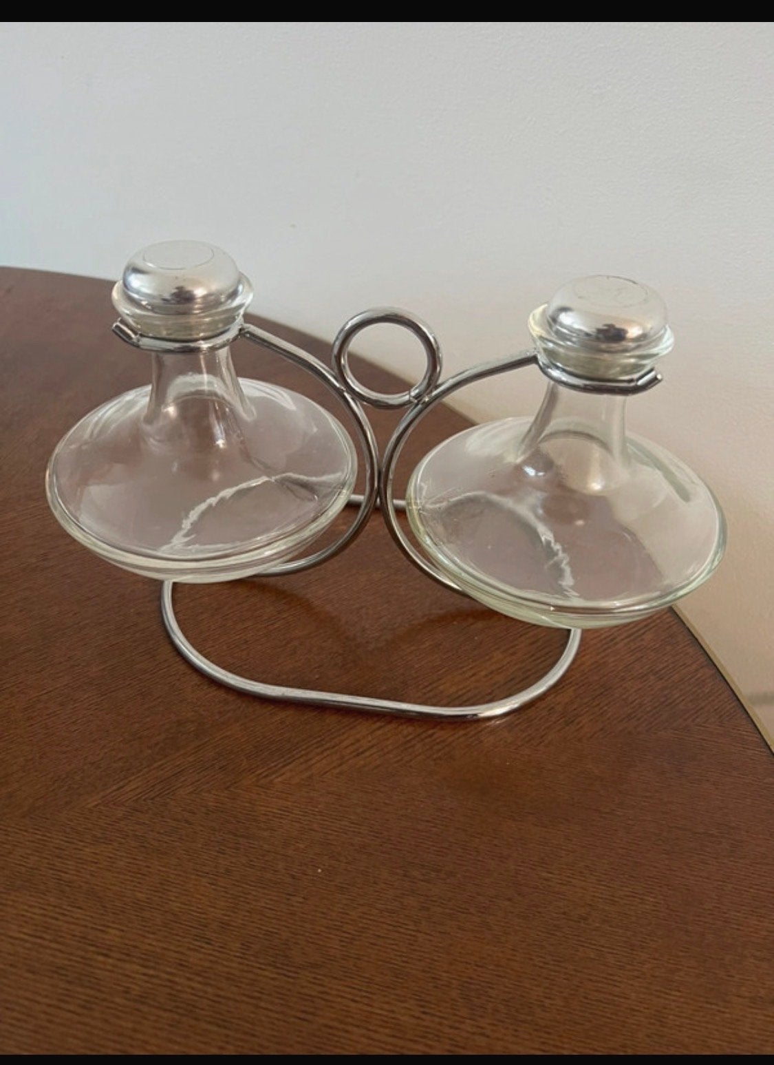Olie- en azijnstel van glas en metaal, Huis en Inrichting, Zilver, Ophalen of Verzenden, Zo goed als nieuw, Glas