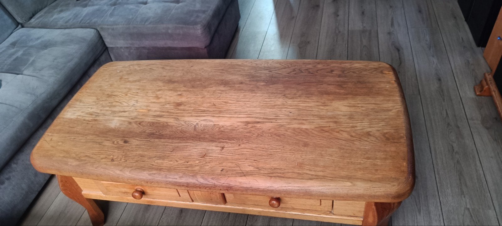 Grenen houten salon tafel 2 lades, Gebruikt, 100 tot 150 cm, Minder dan 50 cm, Rechthoekig