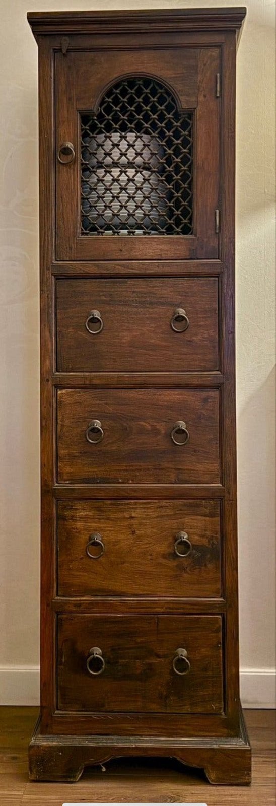 Vintage Indiase kast met vlechtwerkdeur en 4 laden, Ophalen