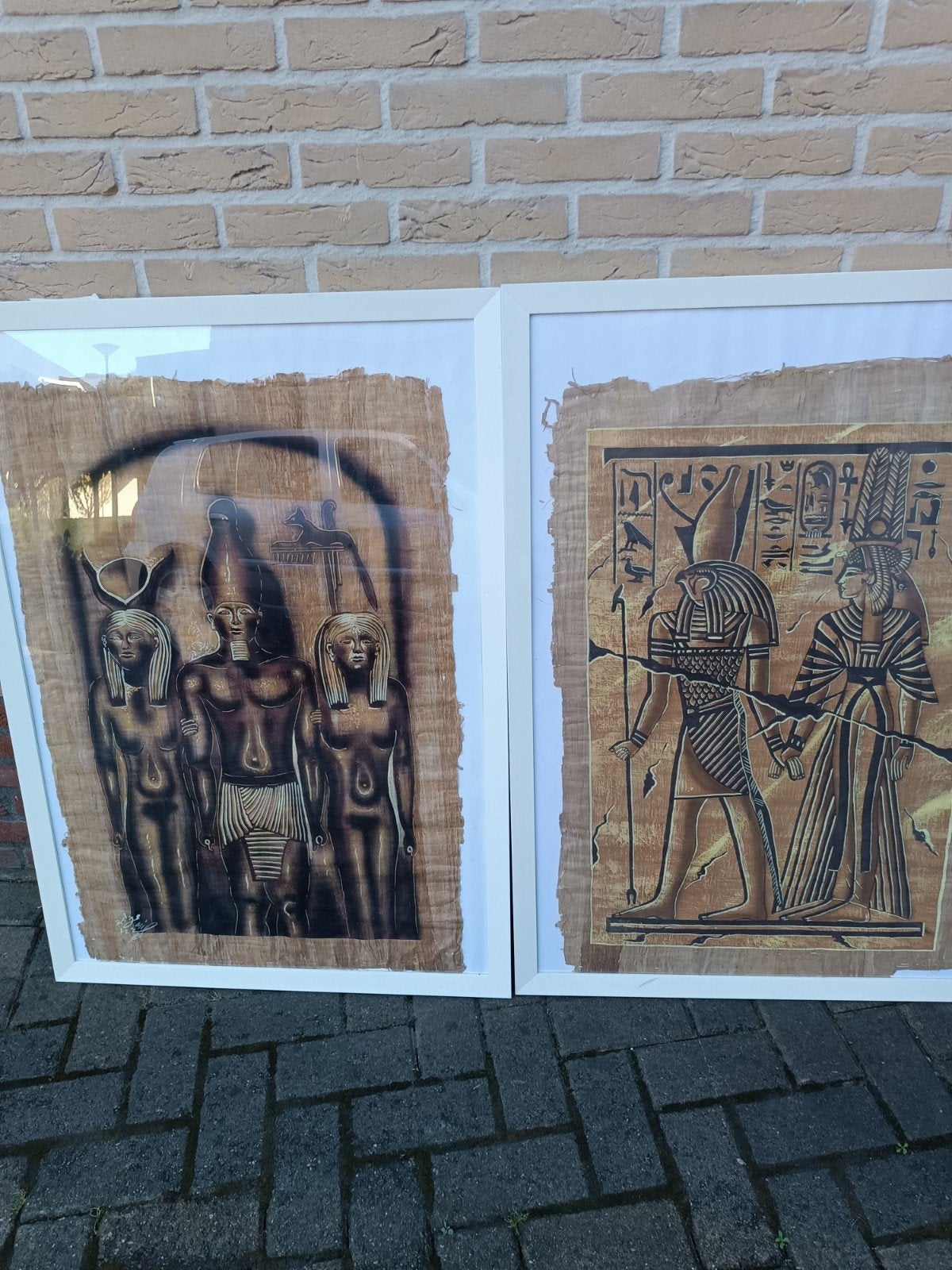 Ingelijste Egyptische papyrus schilderijen (2 stuks), Ophalen, Schilderij, Geschilderd, Overige herkomsten