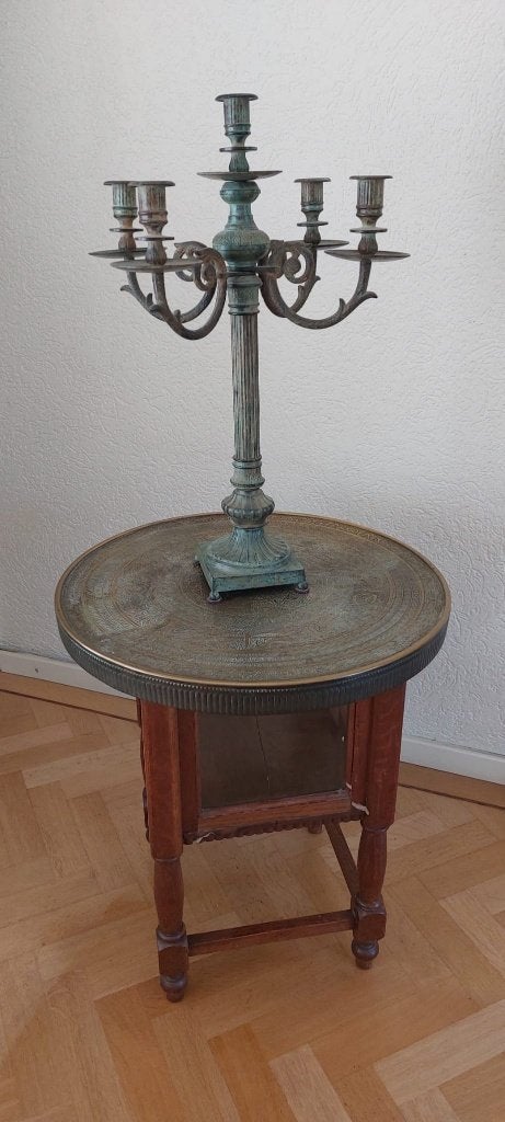 massief grijs groenig bronzen kandelaar 5 armen, Ophalen, Koper of Brons