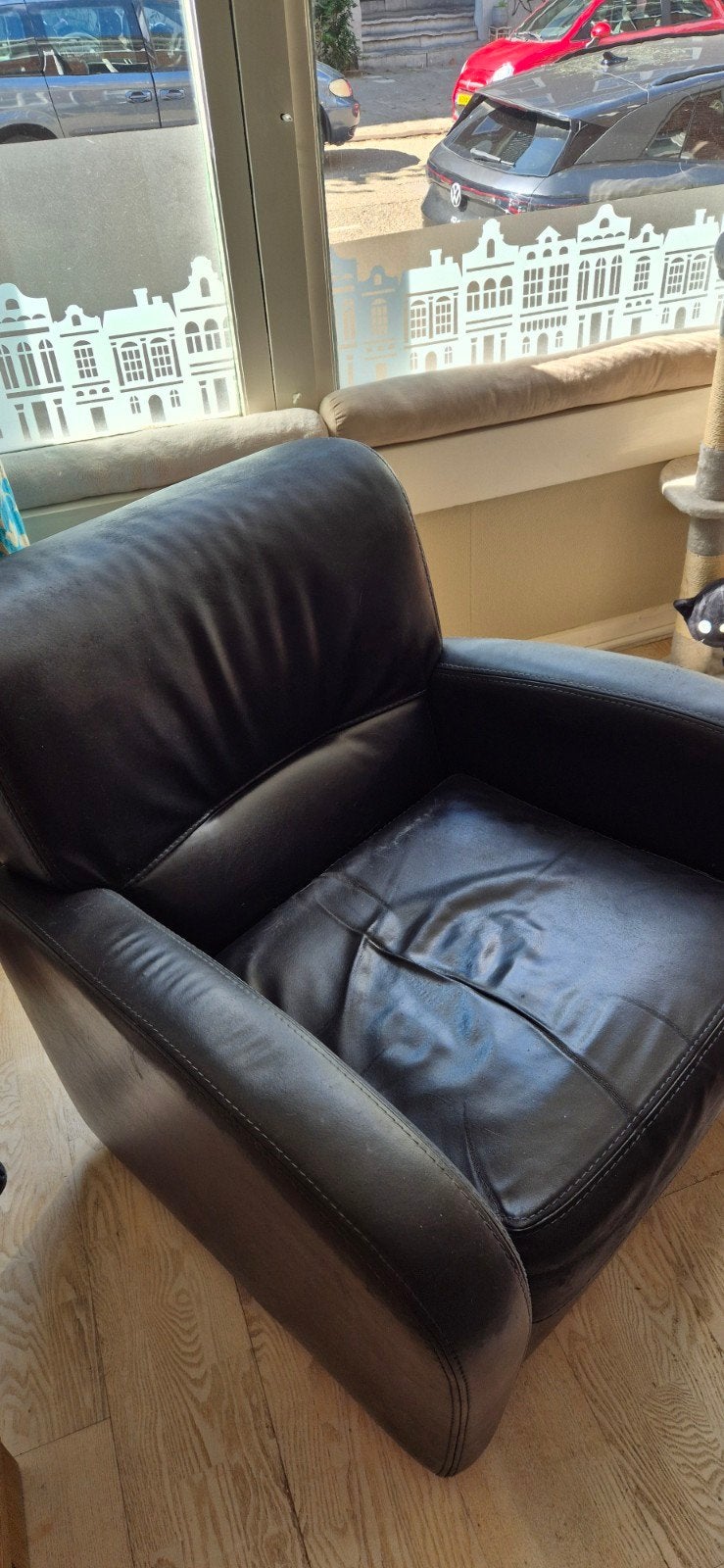 Riviera Maison Leren Fauteuil - Zwart, Huis en Inrichting, Ophalen, Gebruikt, 50 tot 75 cm, Leer