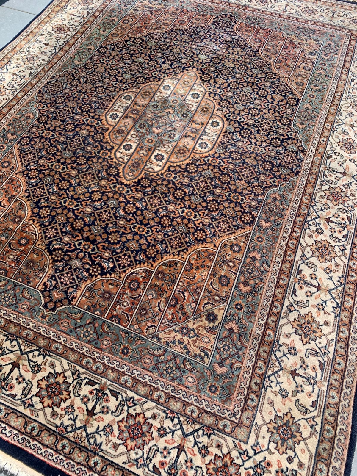 Prachtig Sfeervol Bruin-Blauw Handgeknoopte Bidjar uit India, Ophalen, Blauw, 200 cm of meer, Zo goed als nieuw