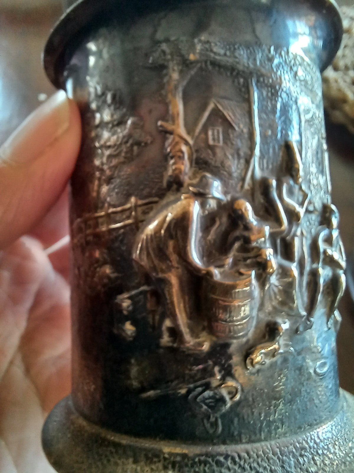 antiek verzilverd tandenstoker of lepelvaasje boerentafereel, Ophalen of Verzenden