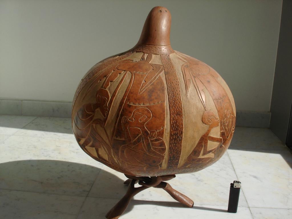 reuze kalebas & tripod Kongo Congo fijn uitgesneden figuren, Ophalen of Verzenden