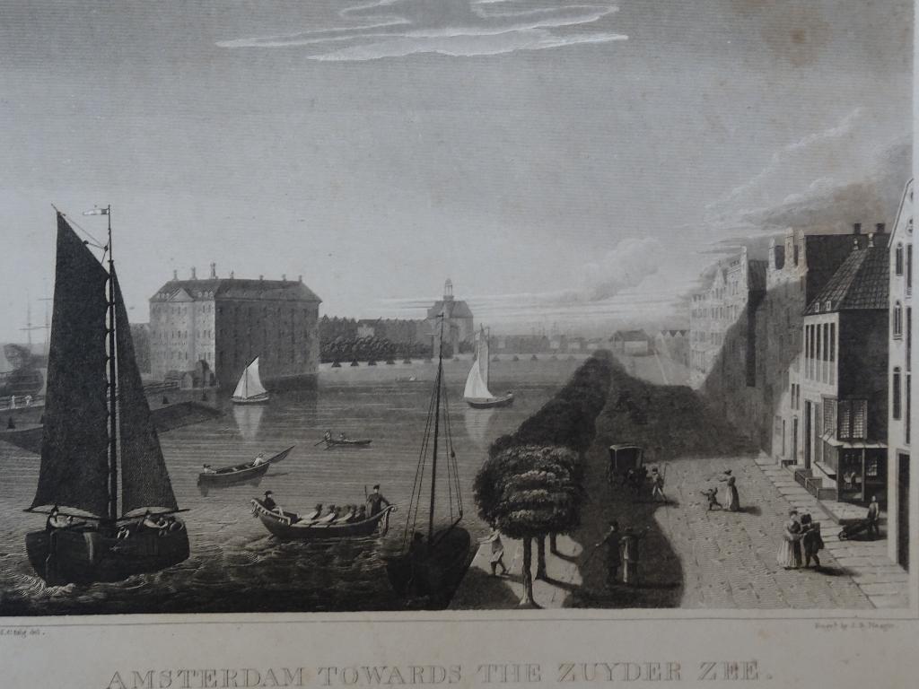 gravure Amsterdam met zicht op de Zuiderzee JB Neagle 1828, 1800 - 1899, Verzenden, Stadsgezicht, Gravure