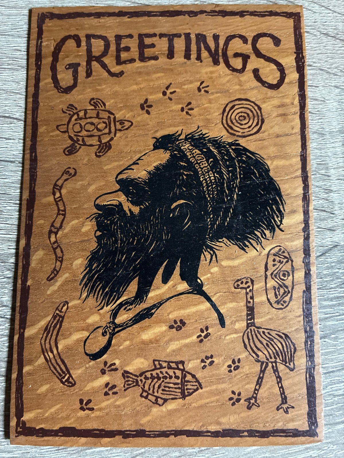 Vintage Australische Aboriginal Houten Ansichtkaart, Ophalen of Verzenden, 1980 tot heden, Ongelopen, Buiten Europa