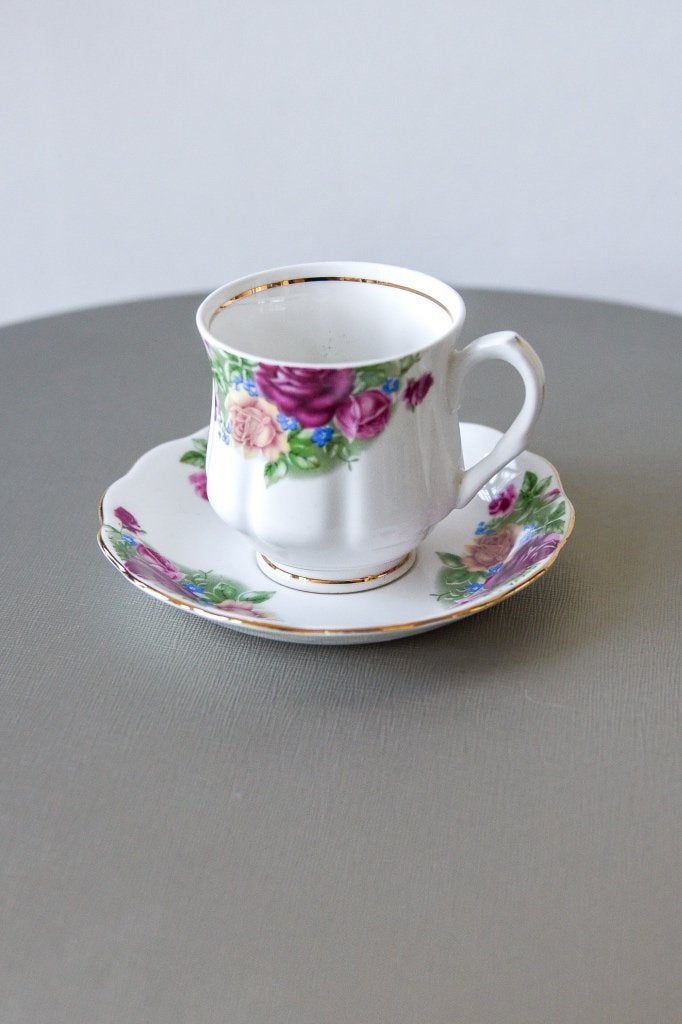 Vintage Fine Bone China kop en schotel – rozen – goudrand, Ophalen of Verzenden