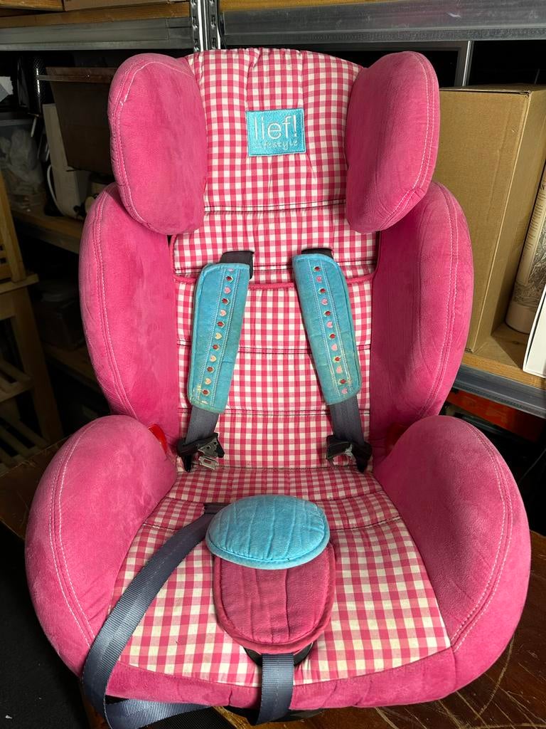LIEF! Kinderstoel - Roze geruit met blauwe accenten, Overige merken, 15 t/m 36 kg, Gebruikt, Autogordel