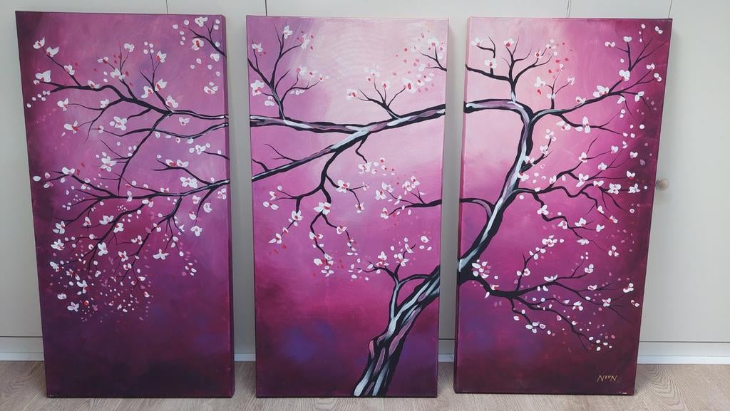 Schilderij drieluik bloesem boom roze paars, Ophalen