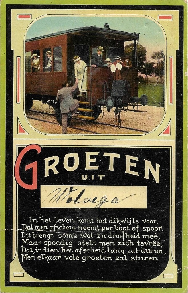 Wolvega, Groeten uit passagiers in trein met rijmpje, Verzamelen, Verzenden, Voor 1920, Gelopen, Friesland