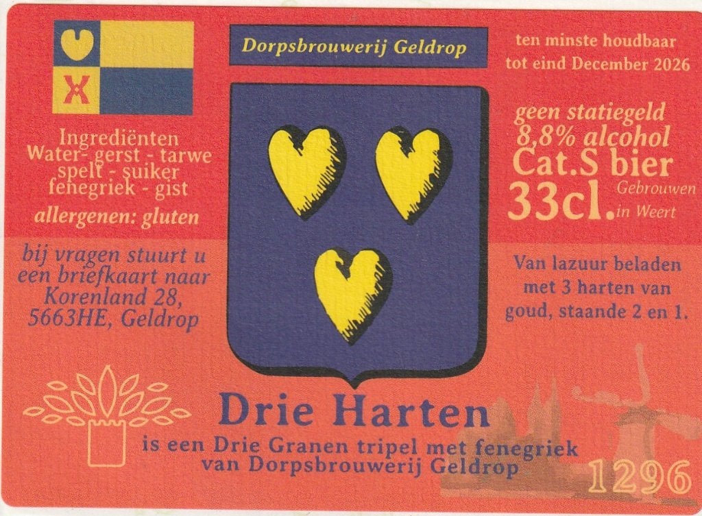 bieretiket Nederland Dorpsbrouwerij Geldrop Drie Harten, Verzamelen, Biermerken, Verzenden, Nieuw, Overige typen, Overige merken