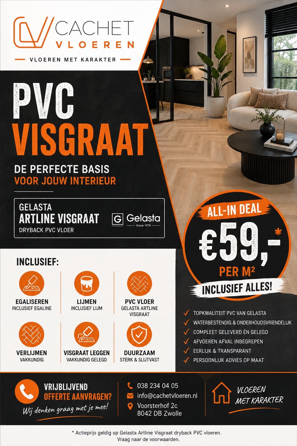 PVC Visgraat ALL-IN €59 per m2 | Gelasta Artline, Ophalen of Verzenden, Nieuw, 75 m² of meer, Overige typen