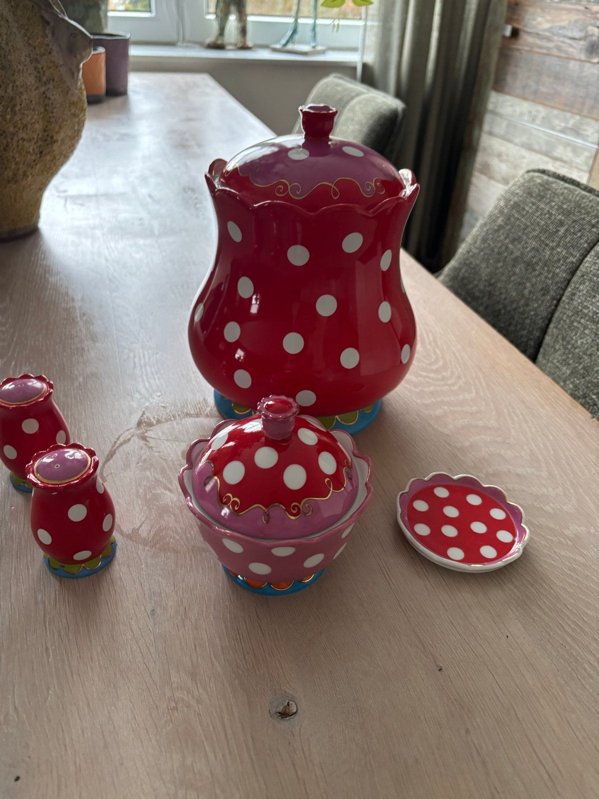 Olily Servies Set - Rood met Witte Stippen, Overige merken, Keramiek, Ophalen of Verzenden, Zo goed als nieuw