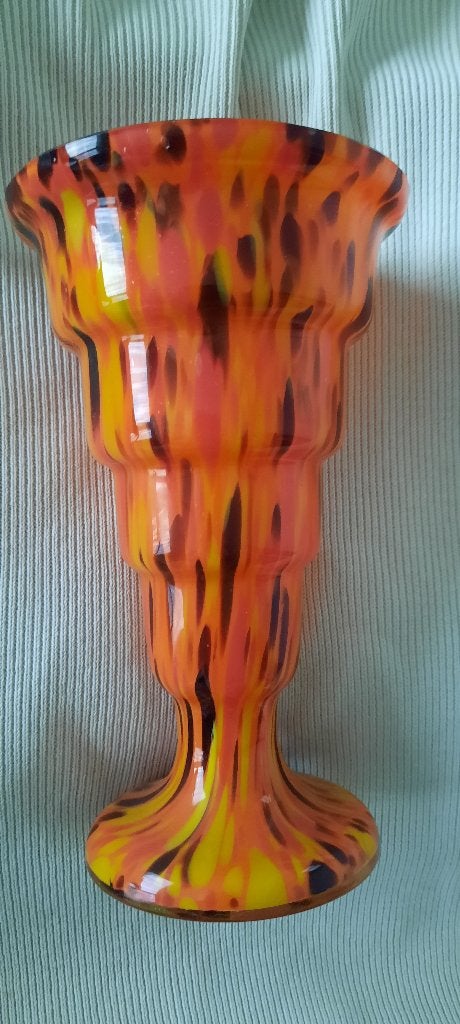 vaas vintage - glas met spetters in oranje-geel-zwart, Ophalen of Verzenden