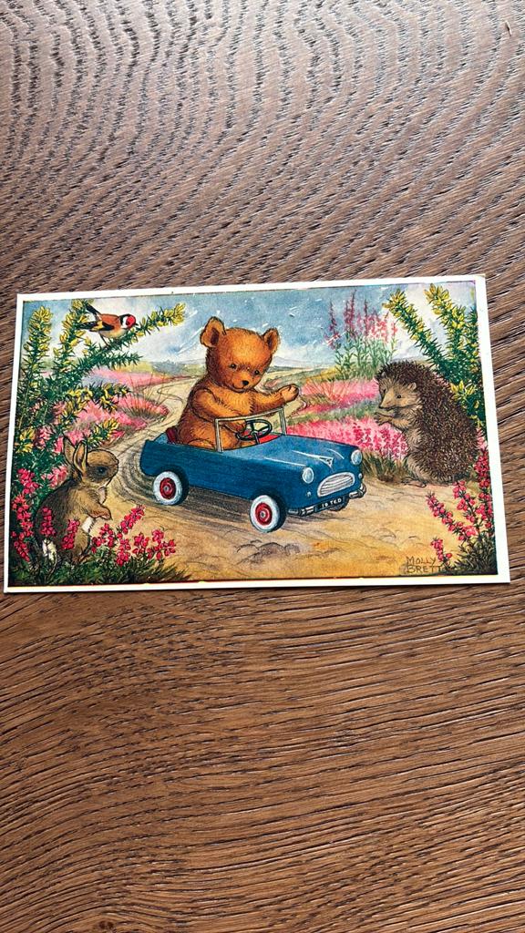 Molly BRETT. Teddy in zijn auto. Konijn, vogel, egel, Ophalen of Verzenden, Ongelopen