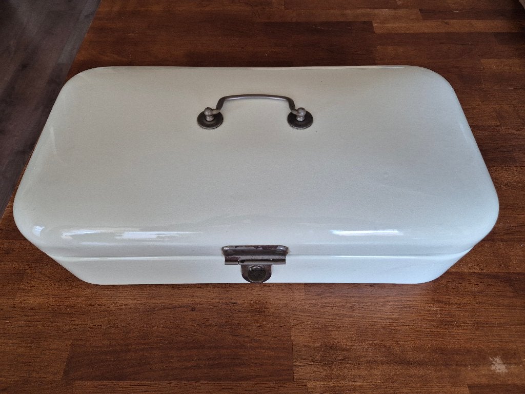 Vintage emaille broodtrommel - crème wit, Gebruikt, Ophalen of Verzenden, Metaal, Overige merken