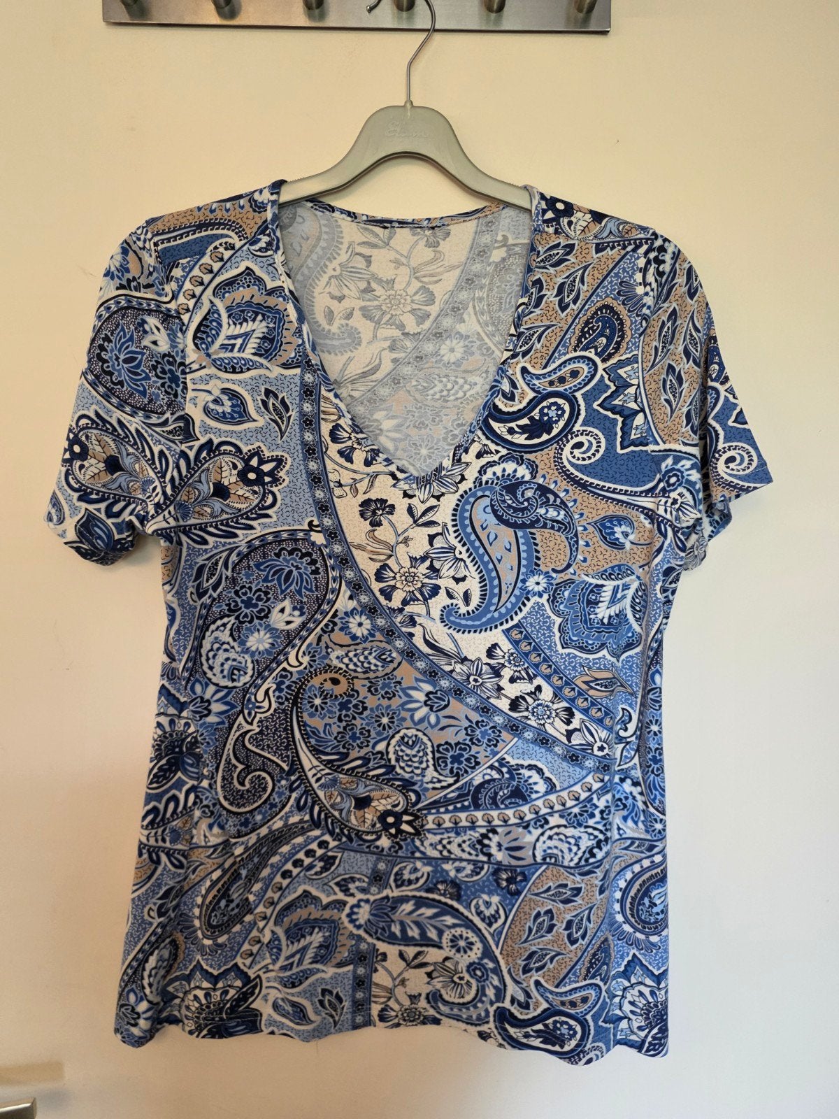 M&S Mode shirt met blauw/witte print, maat L, Meerkleurig, Maat 42/44 (L), Ophalen of Verzenden, Zo goed als nieuw