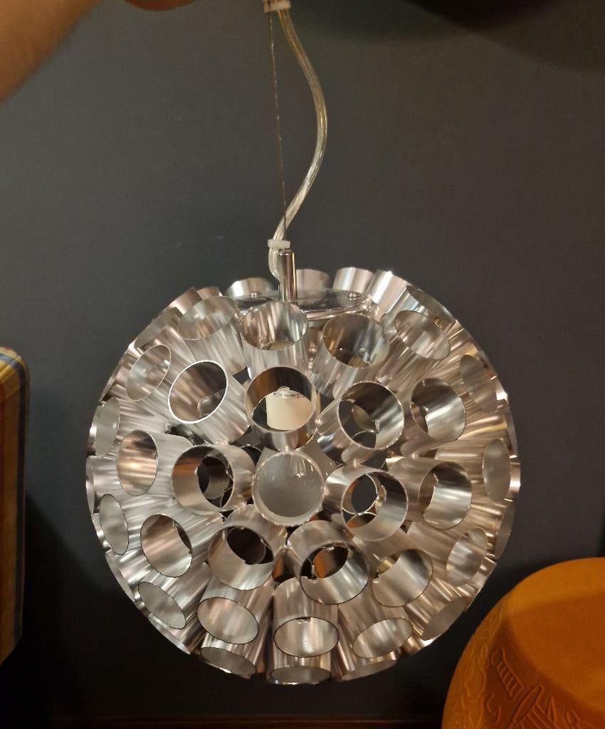Hanglamp bol aluminium buizen in Kenwell style, Gebruikt, 50 tot 75 cm, Ophalen of Verzenden, Metaal