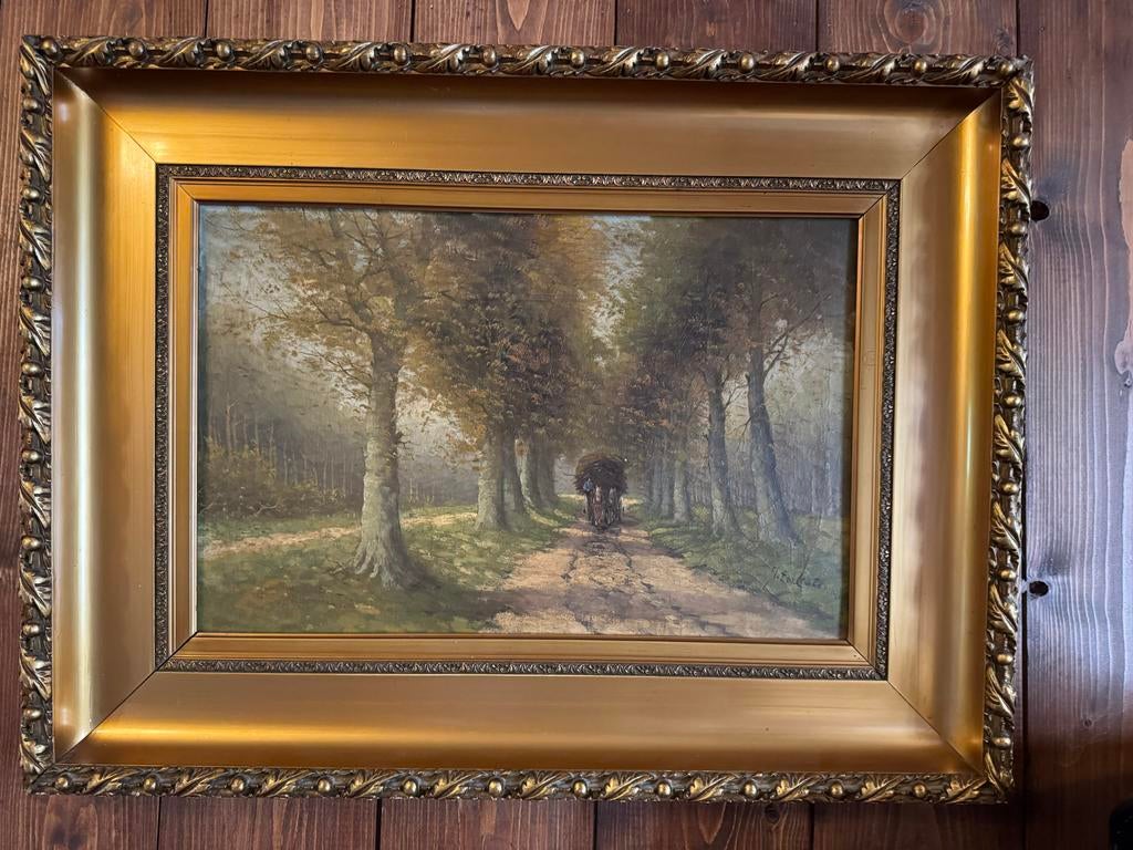 Schilderij J. ten Cate - Bospad met paardekar, Ophalen