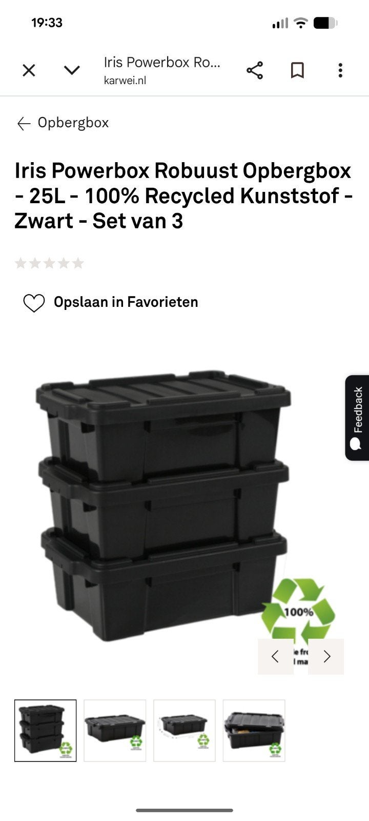 Iris Powerbox Robuuste Opbergbox - 25L - Zwart - Set van 3, Ophalen, 50 tot 75 cm, Zo goed als nieuw, Minder dan 40 cm
