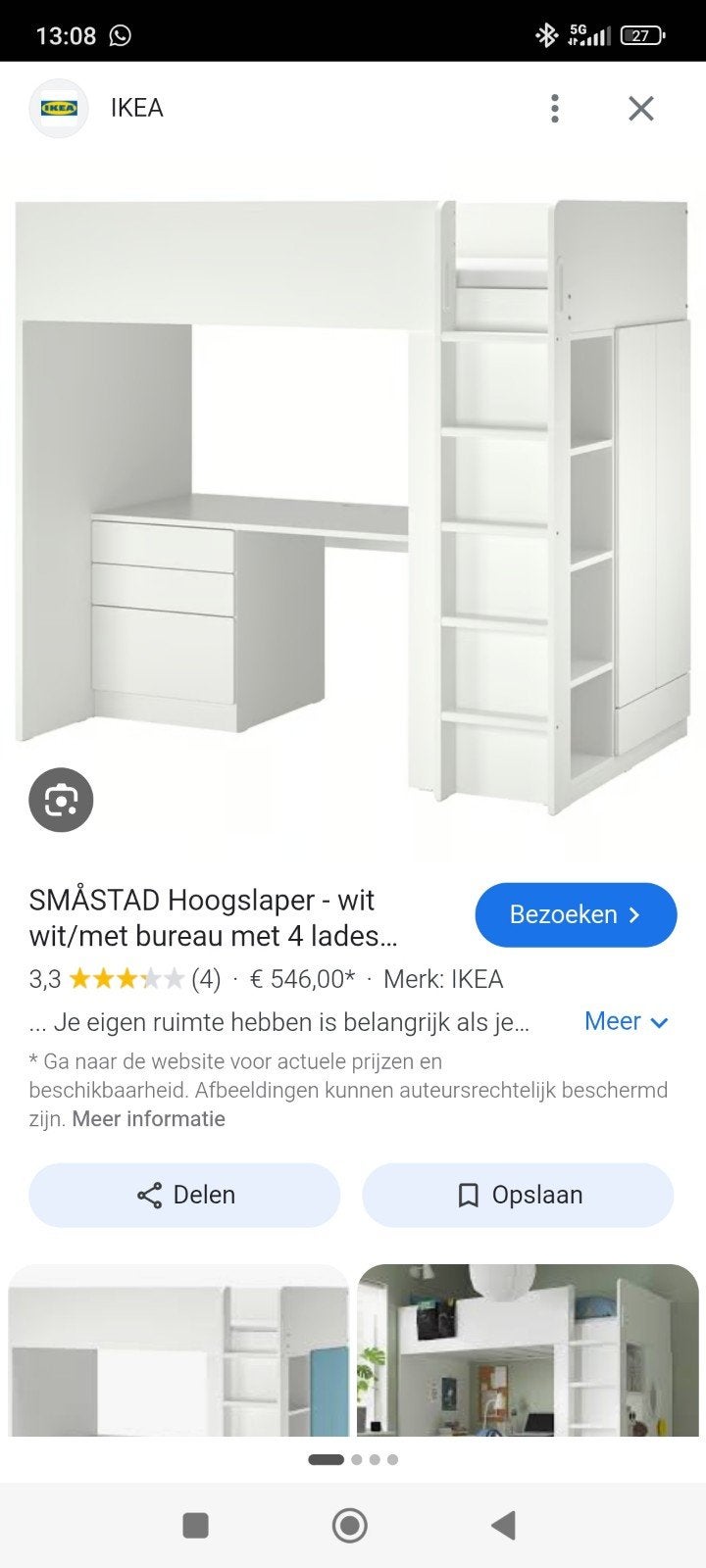 IKEA SMÅSTAD Hoogslaper wit/zwart met bureau en lades, Ophalen, Gebruikt, Eenpersoons, 90 cm
