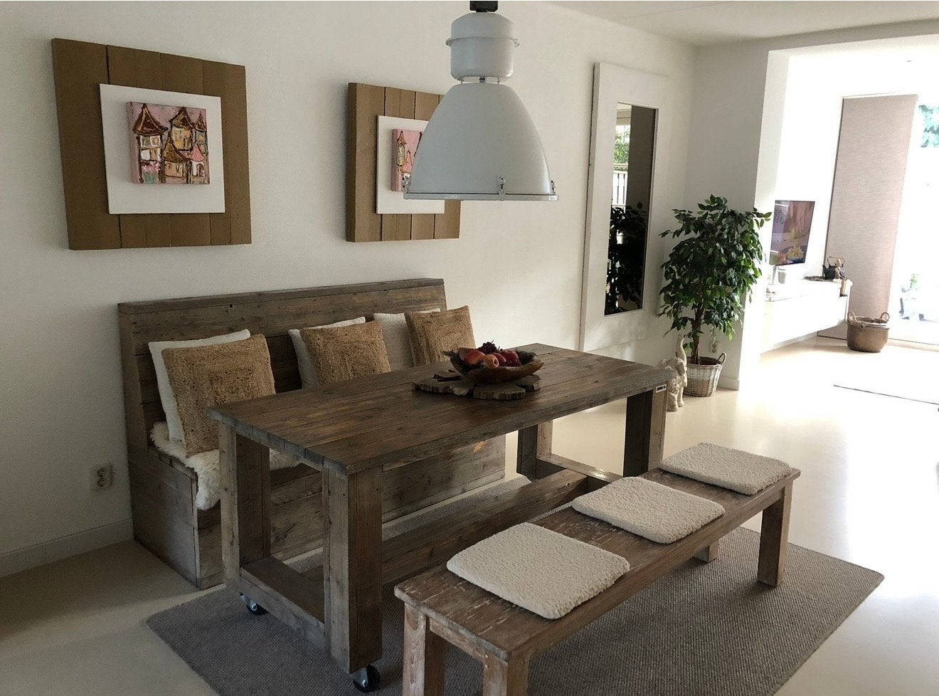 Complete eethoek van Art-hout 175 cm breed, Huis en Inrichting, Complete eetkamers, Ophalen, Gebruikt, 4 tot 6 stoelen