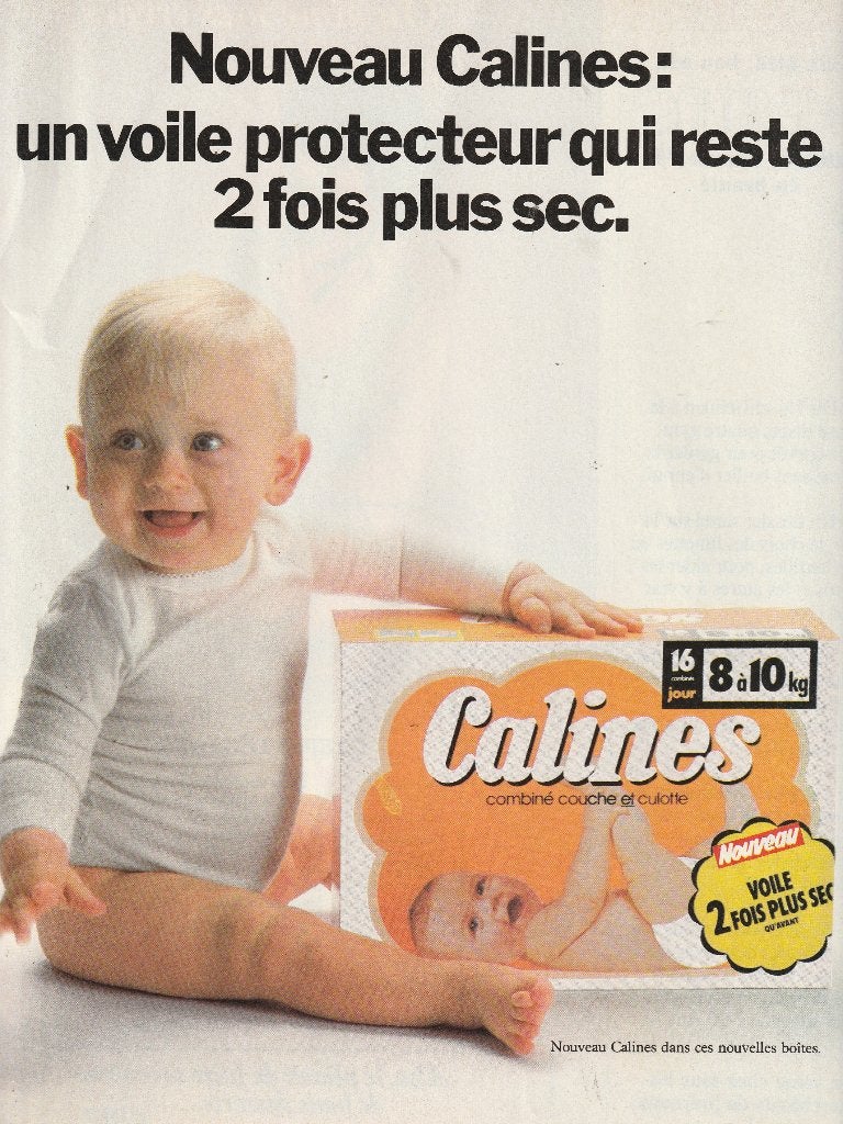 Retro reclame 1979 Calines baby luiers 2 pagina's oranje pak, Verzenden, Overige typen