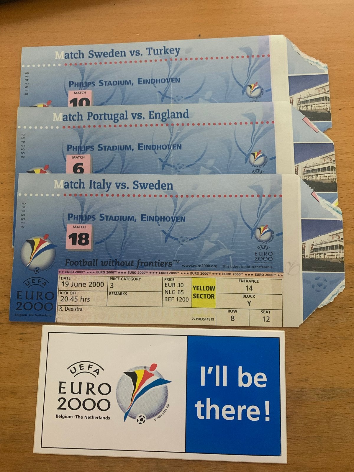 Euro 2000 voetbal in Eindhoven EK entreekaarten en sticker, Tickets en Kaartjes, Seizoenskaart, Twee personen