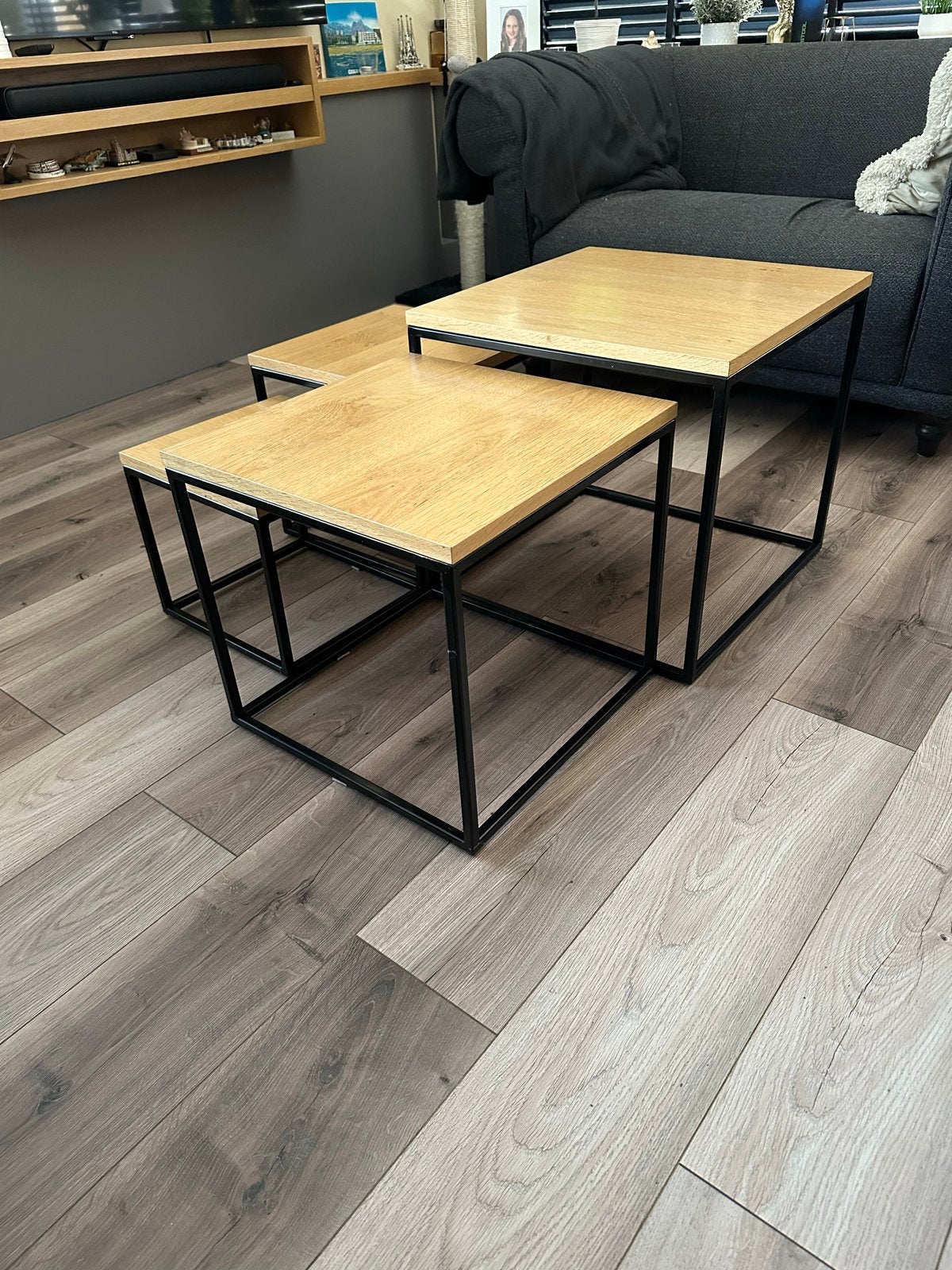 Set van 4 salontafels - Hout en Metaal, Ophalen, 50 tot 100 cm, Vierkant, 50 tot 100 cm
