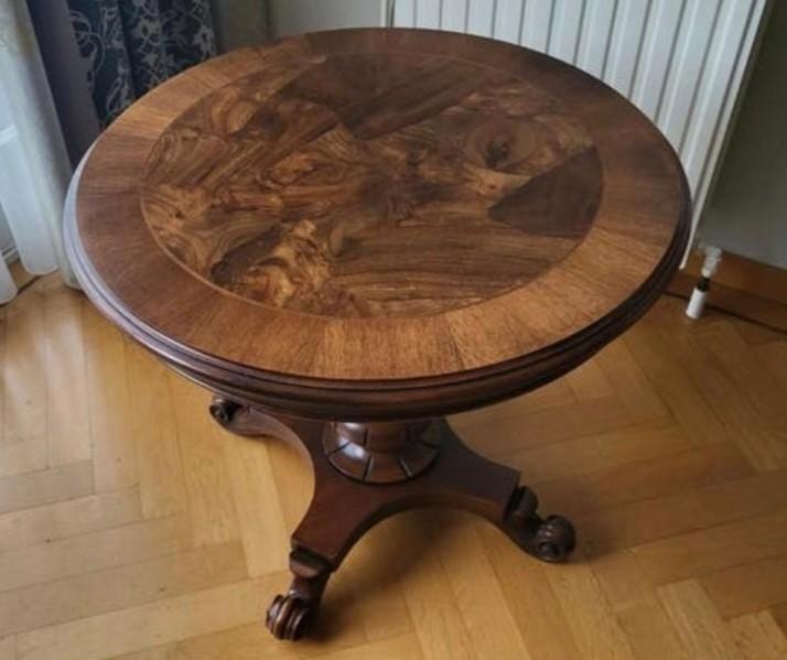 Schitterende ronde zuil- of salontafel met wortelnoten blad, Ophalen
