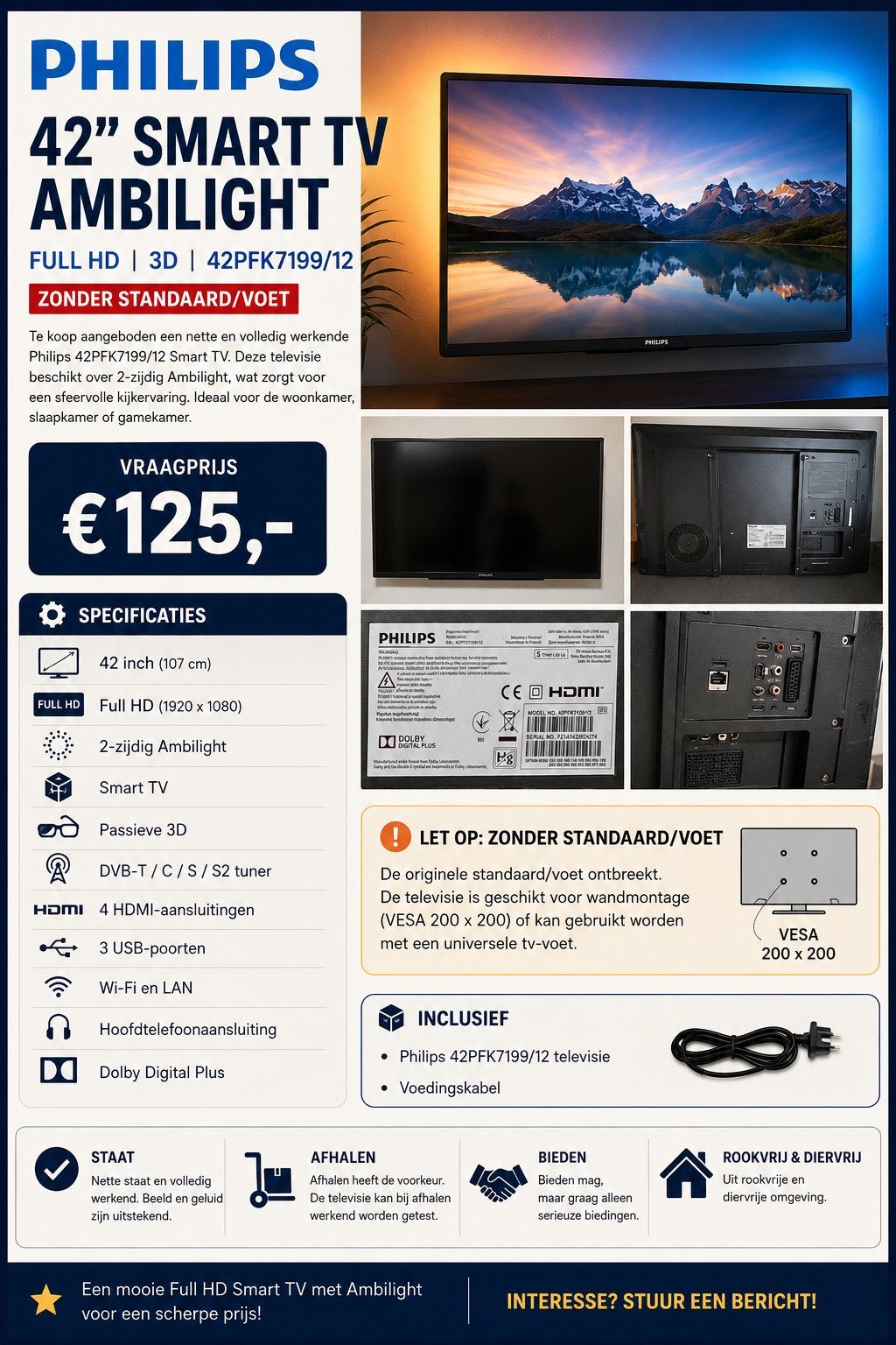 Philips 42” Smart TV Ambilight | Full HD | 3D | 42PFK7199/1, Ophalen, Philips, Gebruikt, 50 Hz