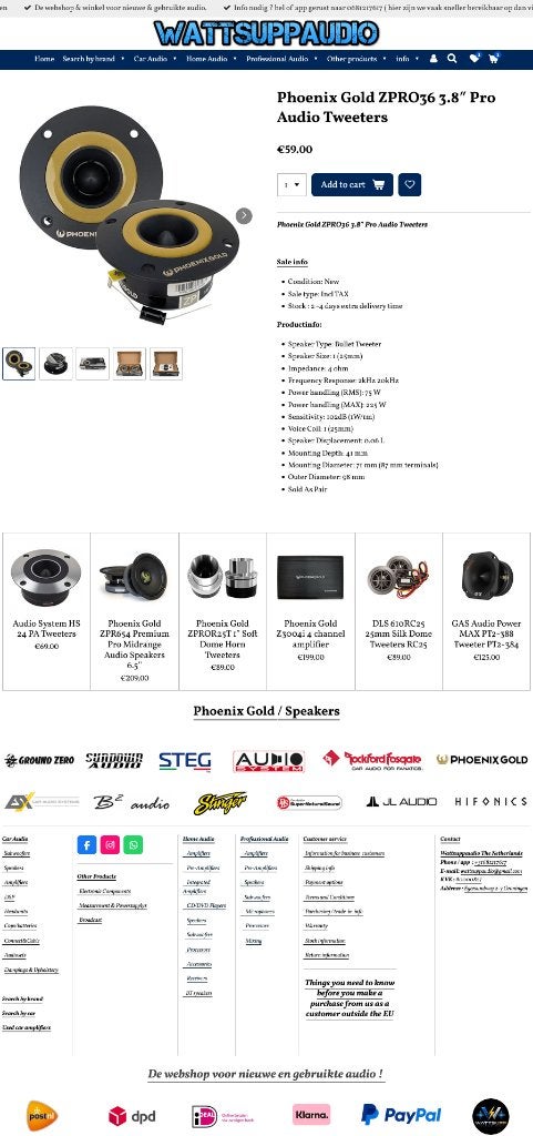 Phoenix Gold ZPRO36 3.8″ Pro Audio Tweeters ( set van 2 ), Hifi-Focus, Aalsmeerderweg 173 1432 CL, Aalsmeer, Nieuw, Ophalen of Verzenden
