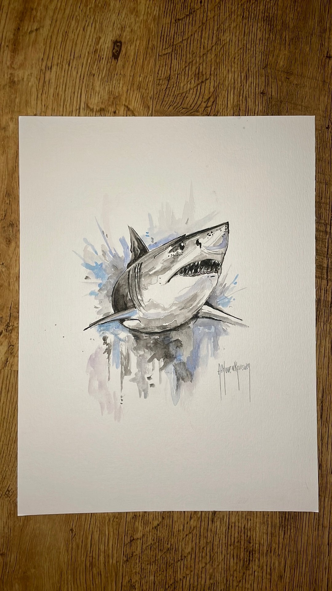 Haai tekening aquarel, Ophalen of Verzenden, Tekening, Aquarel