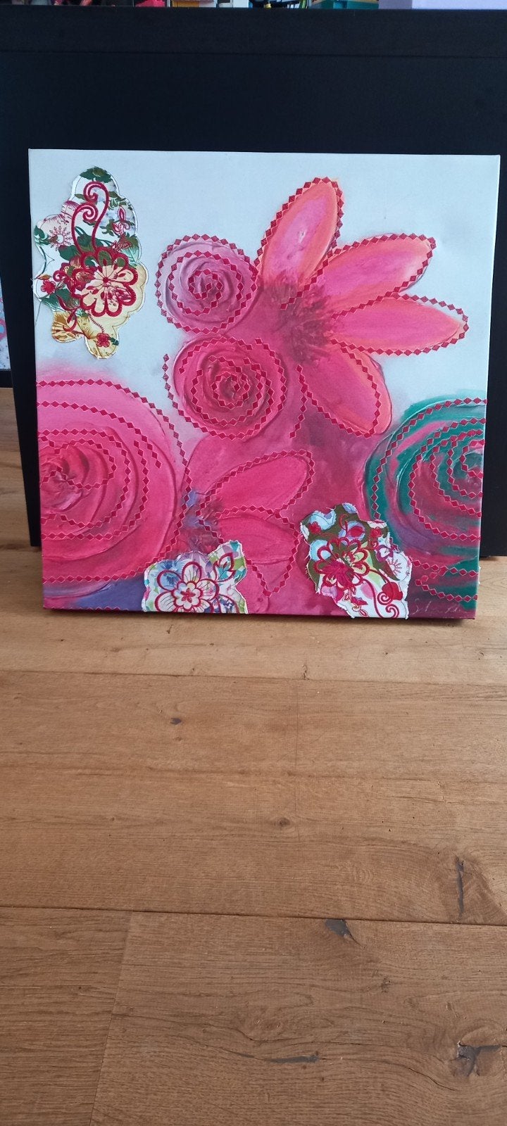 Schilderij met bloemen en abstracte elementen, Ophalen, Op houten frame, Gemengde techniek, Bloemen