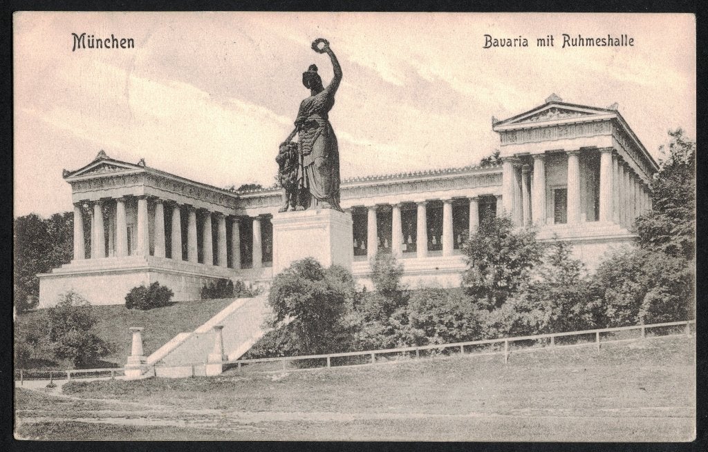 München, Bavaria mit Ruhmeshalle. 1908., Ophalen of Verzenden, Voor 1920, Gelopen, Duitsland