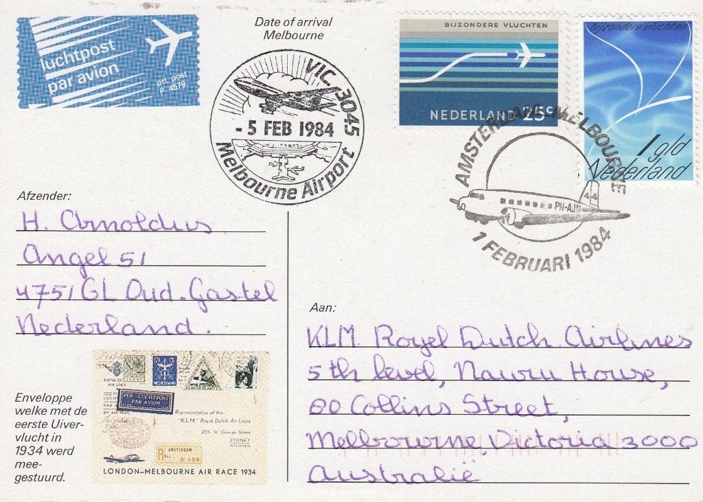 Nederland- LV-05-9- 1984- Kaart Uiver Herdenkingsvlucht, Verzenden, Briefkaart