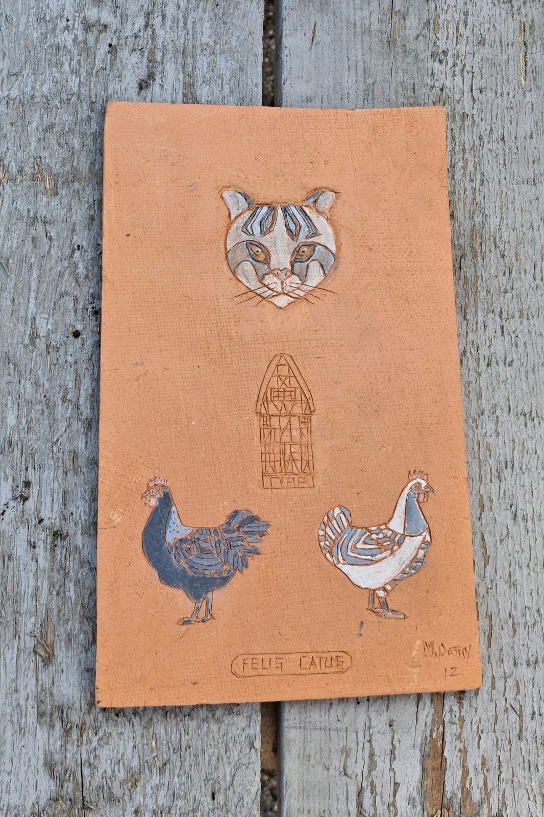 M. Detry België Tegel met Kat en Kippen Reliëf, Antiek en Kunst, Ophalen