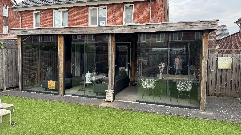 Houten veranda met glazen schuifdeuren – 8,60 x 3,40 meter, Ophalen, Zo goed als nieuw, Veranda