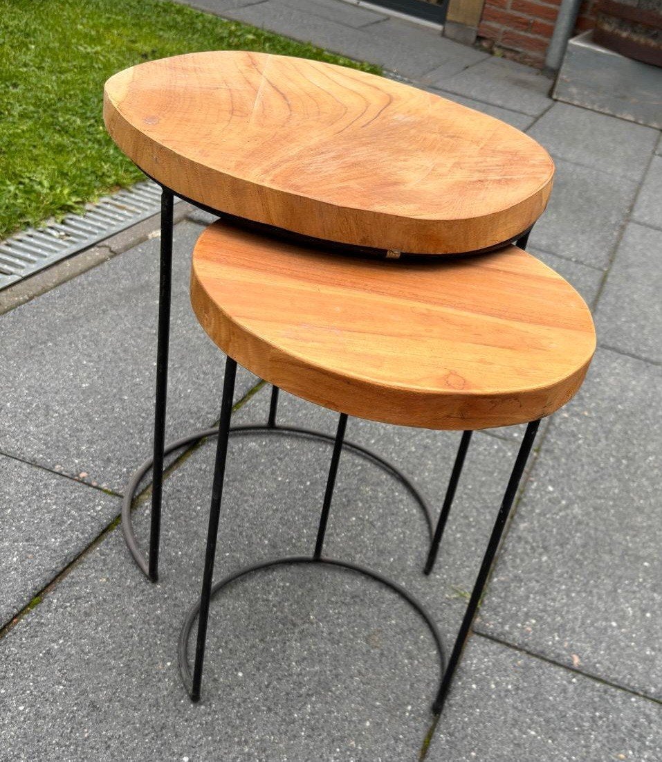 2 bijzet tafeltjes, Minder dan 55 cm, Rond, Hout, Ophalen