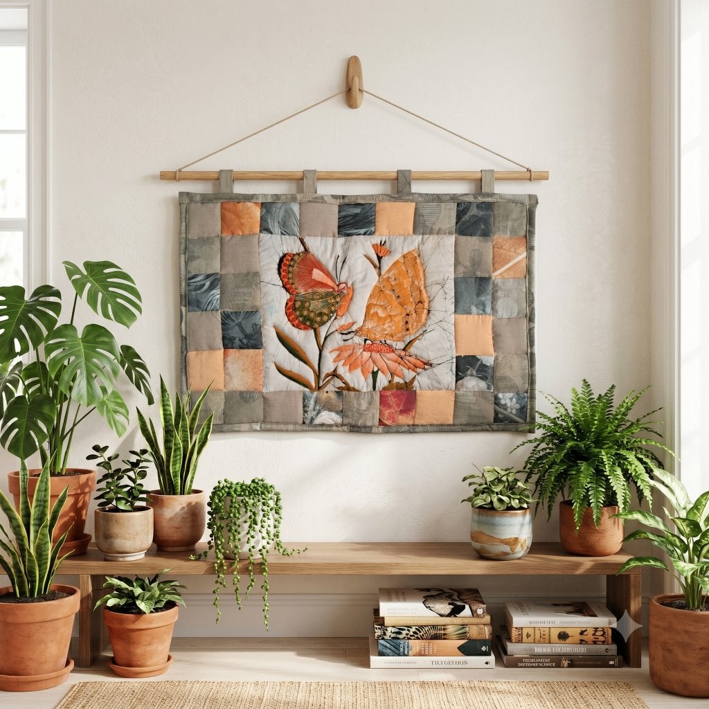 Patchwork wandkleed vlinders lichtgroen recycled 78x55 cm, Groen, -, 55 cm, Handgemaakt
