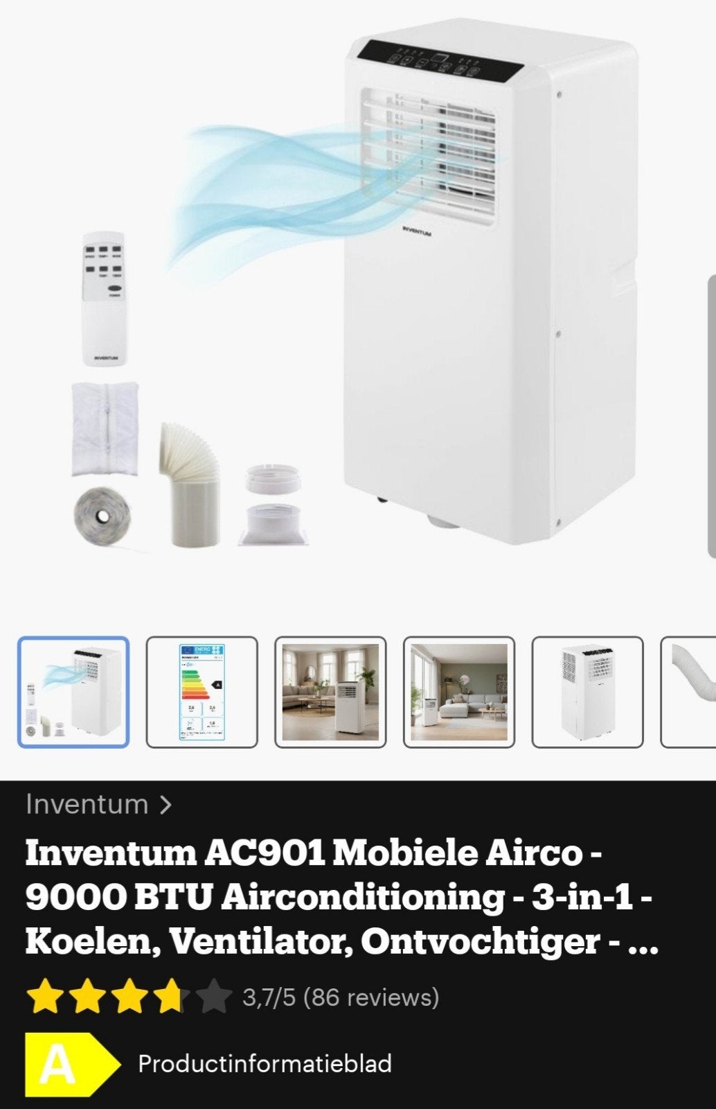 Mobiele airco van Inventum, Ophalen, Minder dan 60 m³, 3 snelheden of meer, Zo goed als nieuw