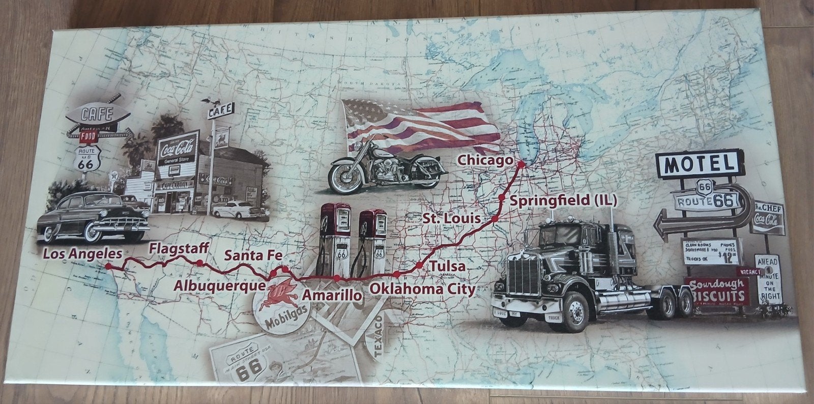 Route 66 Canvas Schilderij - USA Kaart Decoratie, Huis en Inrichting, Ophalen, Zo goed als nieuw, 75 tot 100 cm, Schilderij