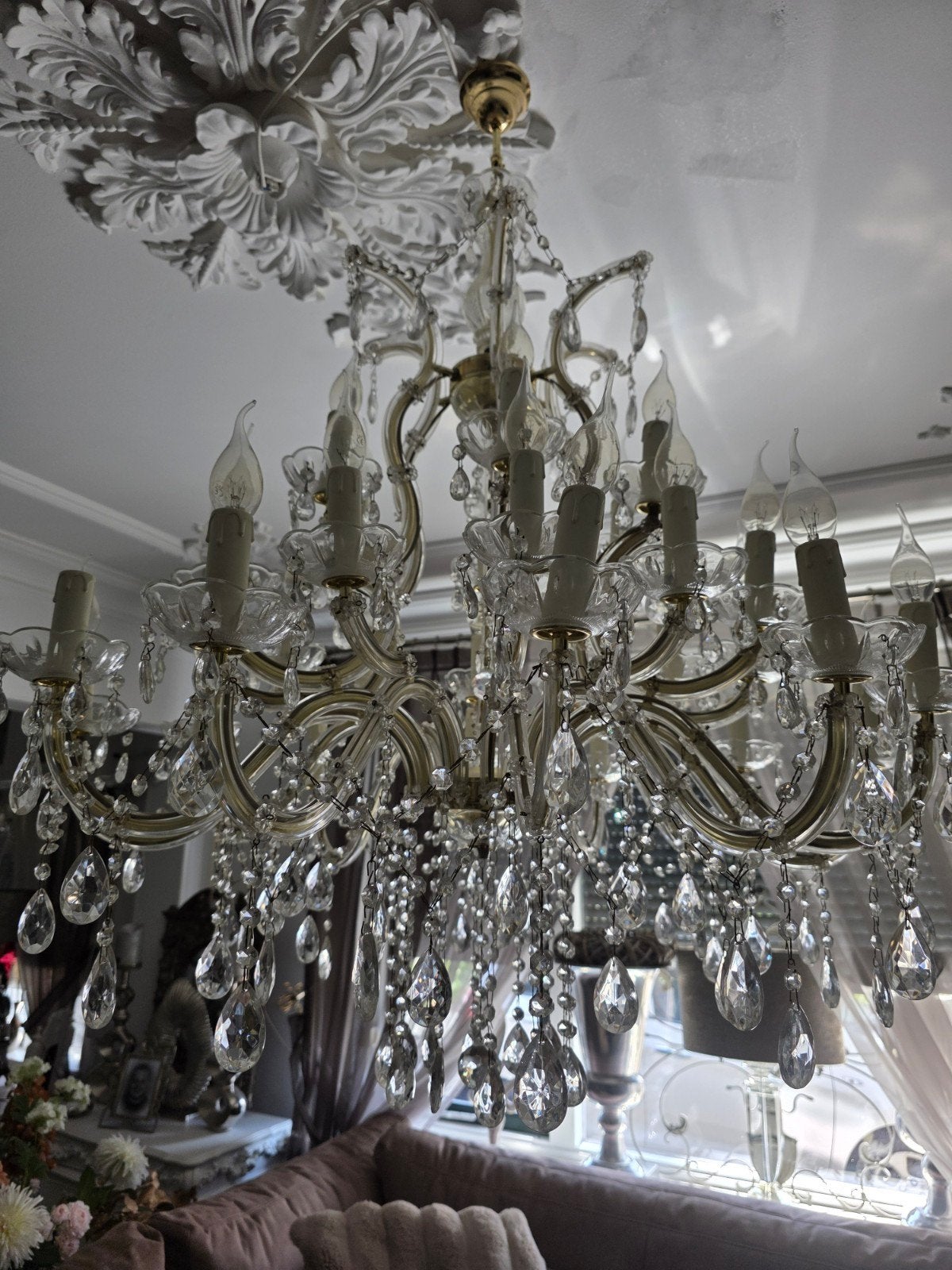 Zeer mooie kristallen kroonluchter met 30 lampen, Ophalen of Verzenden, Gebruikt, Glas, Klassiek, Elegant, Luxe