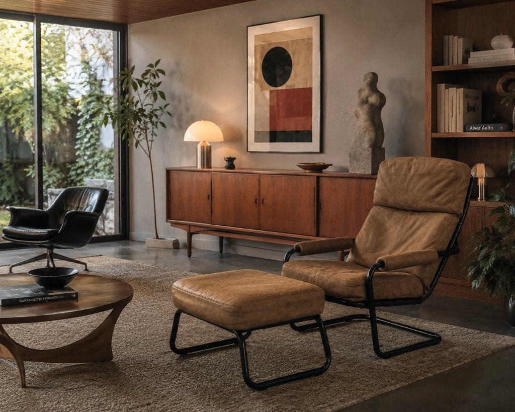 Jan de Bouvrie meneer Obermann fauteuil met hocker, Ophalen, Gebruikt, Mid century Modern Vintage Industrieel, 75 tot 100 cm